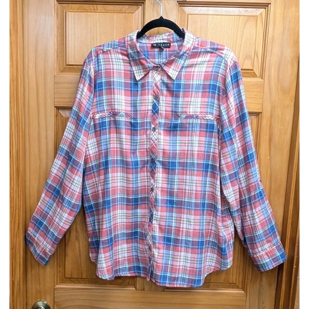 N Touch Women's XL Plaid Shirt Button-Down the Front Collard Button Tab Sleeves